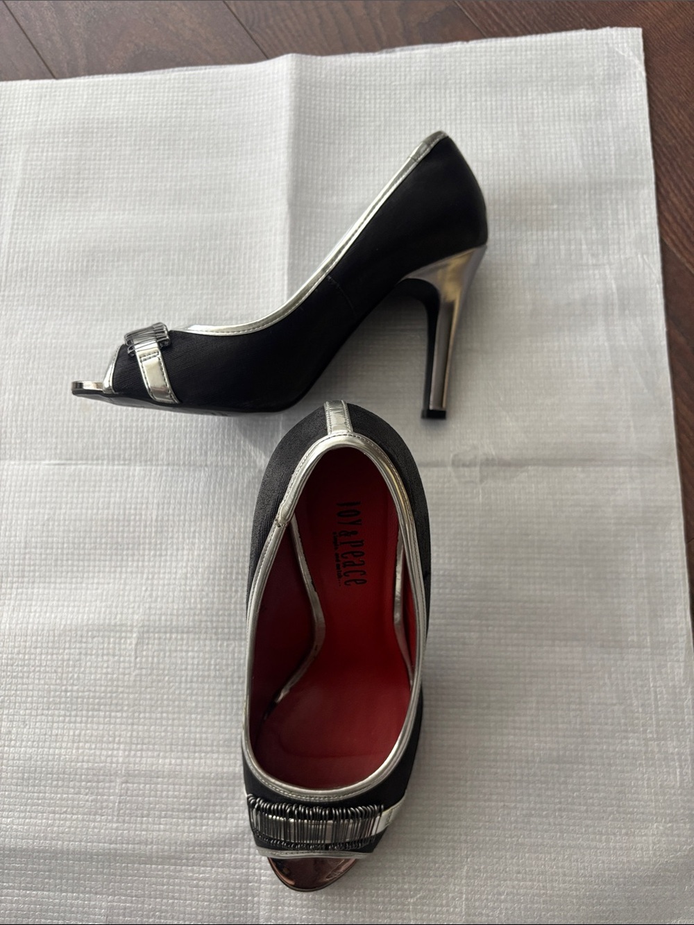 Black and Silver Peep-Toe High Heels